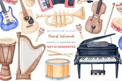 Musical Instruments Watercolor Clipart set of 12 PNG files Product Image 1