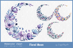 Floral Moon watercolor clipart, Crescent Moon with flowers Product Image 1