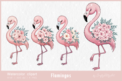 Floral Flamingo watercolor clipart, Pink birds with flowers Product Image 1