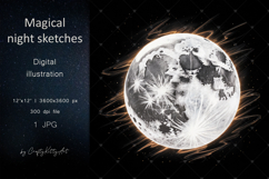 Magical full moon dark pencil art JPG printable illustration Product Image 1