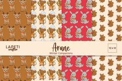 Four winter animal digital papers featuring a reindeer with scarf, baking mouse with Christmas cookie, bunny with gingerbread man, and squirrel holding a gift, part of the Arune Winter Companions collection by Lapeti Crafter.