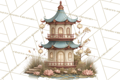 Green Chinoiserie Clipart, Pagodas, Bamboo, Floral Png Product Image 5