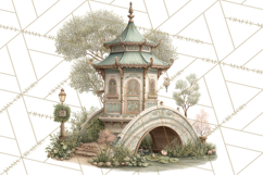 Green Chinoiserie Clipart, Pagodas, Bamboo, Floral Png Product Image 4