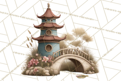 Green Chinoiserie Clipart, Pagodas, Bamboo, Floral Png Product Image 5