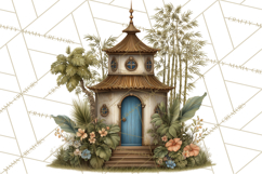 Green Chinoiserie Clipart, Pagodas, Bamboo, Floral Png Product Image 2