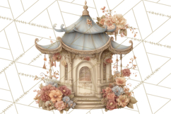 Green Chinoiserie Clipart, Pagodas, Bamboo, Floral Png Product Image 5