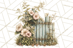 Green Chinoiserie Clipart, Pagodas, Bamboo, Floral Png Product Image 4
