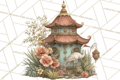 Green Chinoiserie Clipart, Pagodas, Bamboo, Floral Png Product Image 5