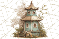 Green Chinoiserie Clipart, Pagodas, Bamboo, Floral Png Product Image 2