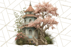 Green Chinoiserie Clipart, Pagodas, Bamboo, Floral Png Product Image 3