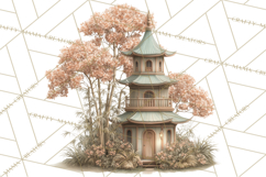 Green Chinoiserie Clipart, Pagodas, Bamboo, Floral Png Product Image 4