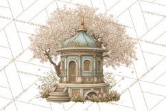 Green Chinoiserie Clipart, Pagodas, Bamboo, Floral Png Product Image 5