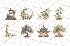 Green Chinoiserie Clipart, Pagodas, Bamboo, Floral Png Product Image 14