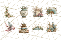 Green Chinoiserie Clipart, Pagodas, Bamboo, Floral Png Product Image 12