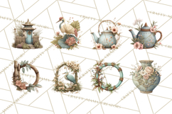 Green Chinoiserie Clipart, Pagodas, Bamboo, Floral Png Product Image 5