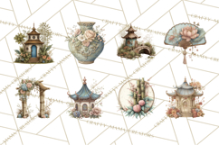 Green Chinoiserie Clipart, Pagodas, Bamboo, Floral Png Product Image 13