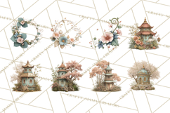 Green Chinoiserie Clipart, Pagodas, Bamboo, Floral Png Product Image 11