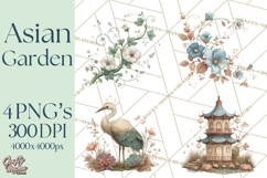 Green Chinoiserie Clipart, Pagodas, Bamboo, Floral Png Product Image 1