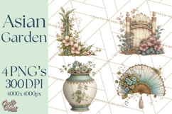 Green Chinoiserie Clipart, Pagodas, Bamboo, Floral Png Product Image 1