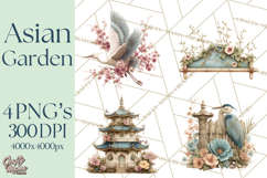 Green Chinoiserie Clipart, Pagodas, Bamboo, Floral Png Product Image 1