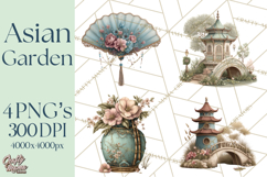 Green Chinoiserie Clipart, Pagodas, Bamboo, Floral Png Product Image 1