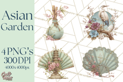 Green Chinoiserie Clipart, Pagodas, Bamboo, Floral Png Product Image 1