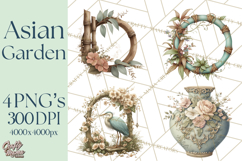 Green Chinoiserie Clipart, Pagodas, Bamboo, Floral Png Product Image 1