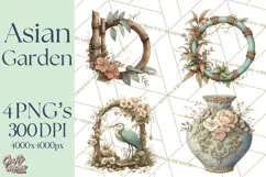 Green Chinoiserie Clipart, Pagodas, Bamboo, Floral Png Product Image 1
