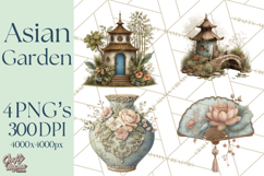 Green Chinoiserie Clipart, Pagodas, Bamboo, Floral Png Product Image 1