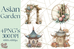 Green Chinoiserie Clipart, Pagodas, Bamboo, Floral Png Product Image 1