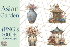 Green Chinoiserie Clipart, Pagodas, Bamboo, Floral Png Product Image 1