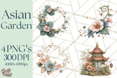 Green Chinoiserie Clipart, Pagodas, Bamboo, Floral Png Product Image 1