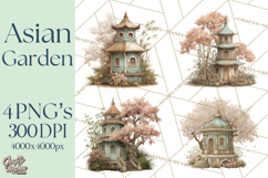 Green Chinoiserie Clipart, Pagodas, Bamboo, Floral Png Product Image 1