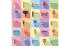 Railroad barrier icons set flat vector. Crossing railway Product Image 1