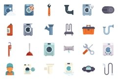 Washing machine repair icons set flat vector. Broken Product Image 1
