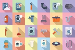 Washing machine repair icons set flat vector. Broken Product Image 1
