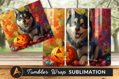 Halloween Husky With Pumpkin In Autumn Leaves Tumbler 