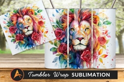 Watercolor Lion Portrait With Roses Tumbler Png Product Image 1