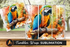 Watercolor Macaw Parrot Perched On Branch Tumbler Png Product Image 1