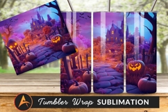 Spooky Halloween Night Scene Pumpkins Castle Bats Tumbler Product Image 1