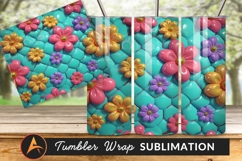 Quilted Turquoise Background With Pink Yellow Flowers Product Image 1