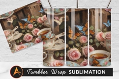 Vintage Tea Party Roses Butterflies Oil Painting Product Image 1