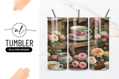 Floral Teacups and Roses on Wooden Surface with Creamer Product Image 1