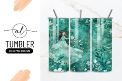 Illustration of a Girl in a Teal Dress Surrounded by Flowers Product Image 1