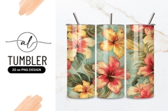 Tropical Hibiscus Flowers and Leaves Pattern on Blue Texture Product Image 1