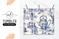 Blue and White Floral Teapot Cup and Bird Illustration Product Image 1