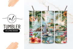 Tropical Island Sailboat Scene with Flowers Palm Trees Product Image 1