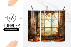 Autumn Window Scene with Pumpkins Lantern and Fall Foliage Product Image 1
