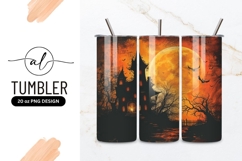 Spooky Halloween Castle Silhouette with Full Moon and Bats Product Image 1