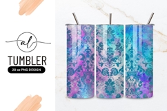 Teal Damask Pattern on Pink and Blue Watercolor Splatter Product Image 1